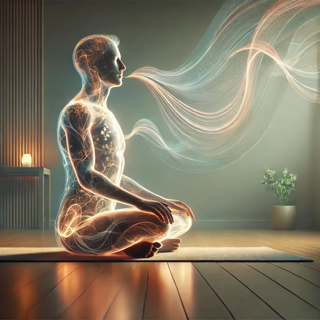 An artistic illustration of a seated figure breathing with flowing luminous breath lines