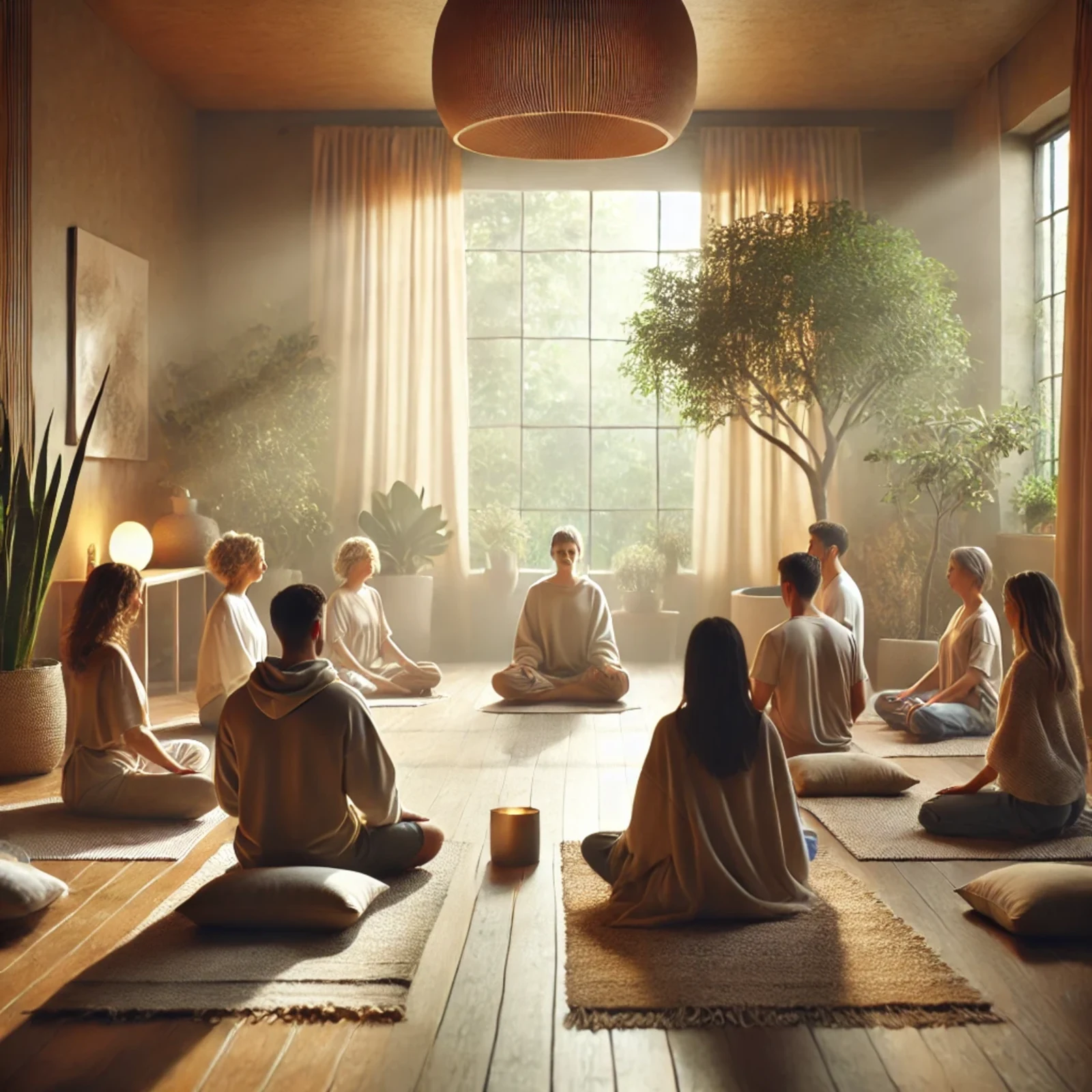 A calm group breathwork and meditation circle in a warm studio space