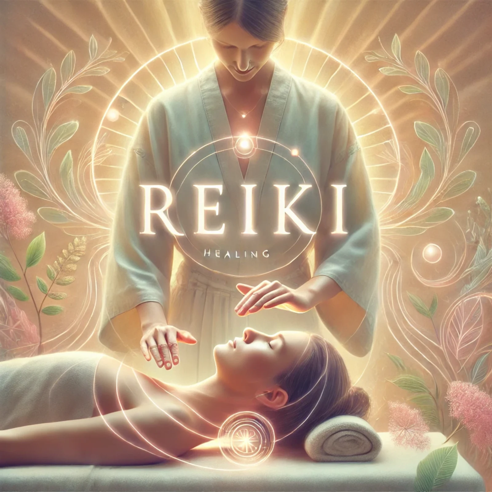 An artistic Reiki visual with a practitioner offering energy healing above a resting participant