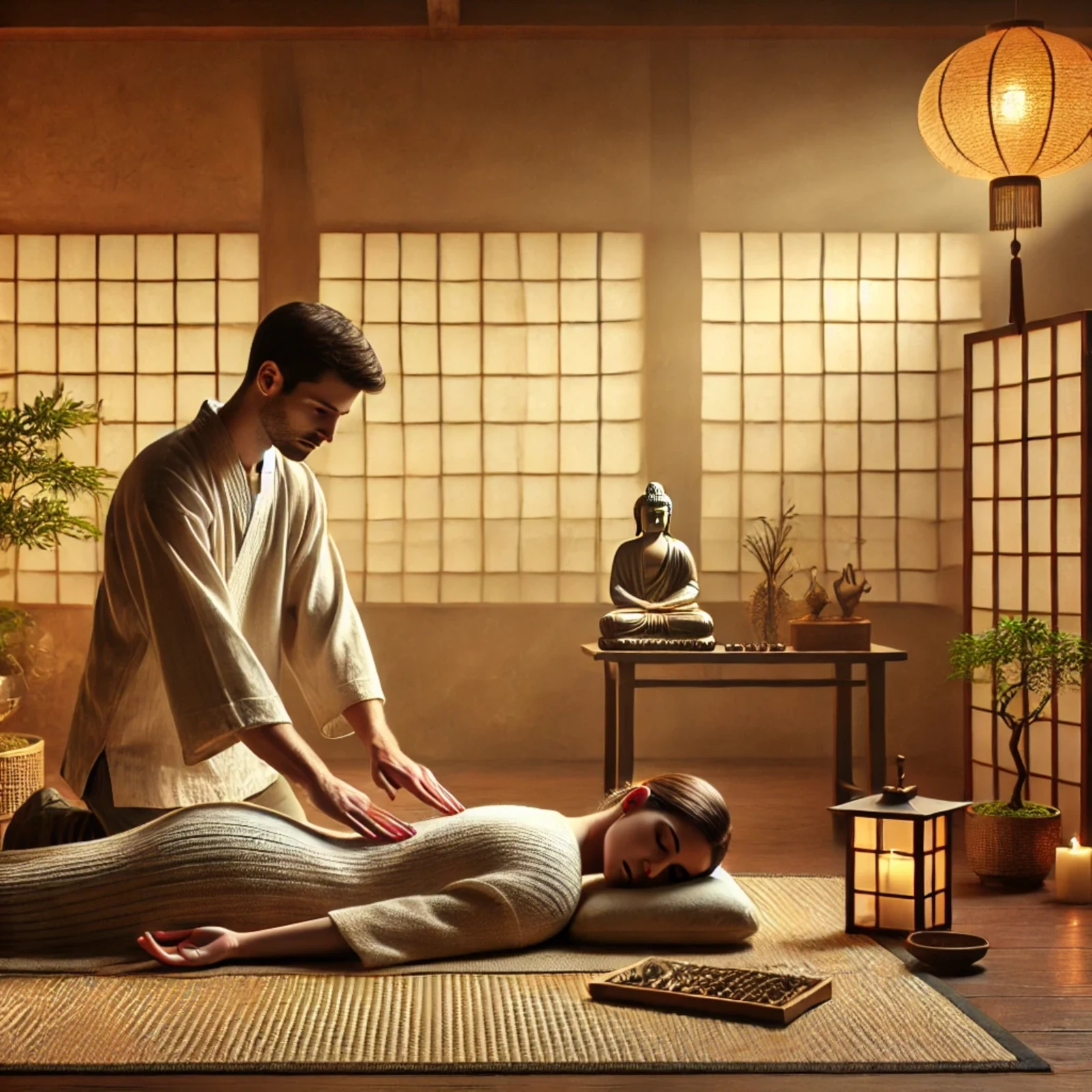 A calm bodywork-inspired Reiki treatment scene in a peaceful studio