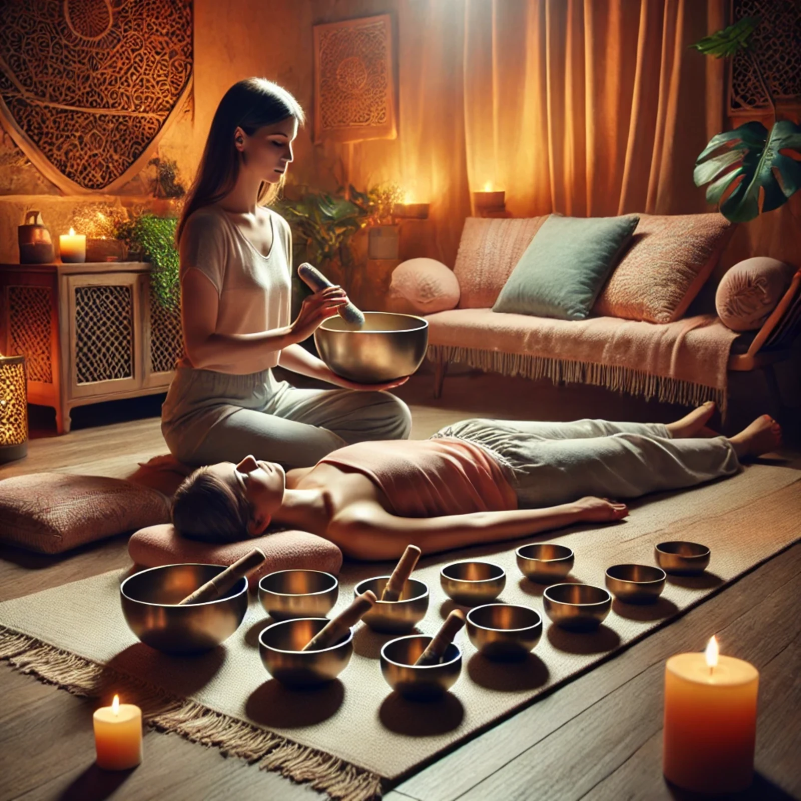 A peaceful sound healing scene with singing bowls, candles and a participant receiving a session