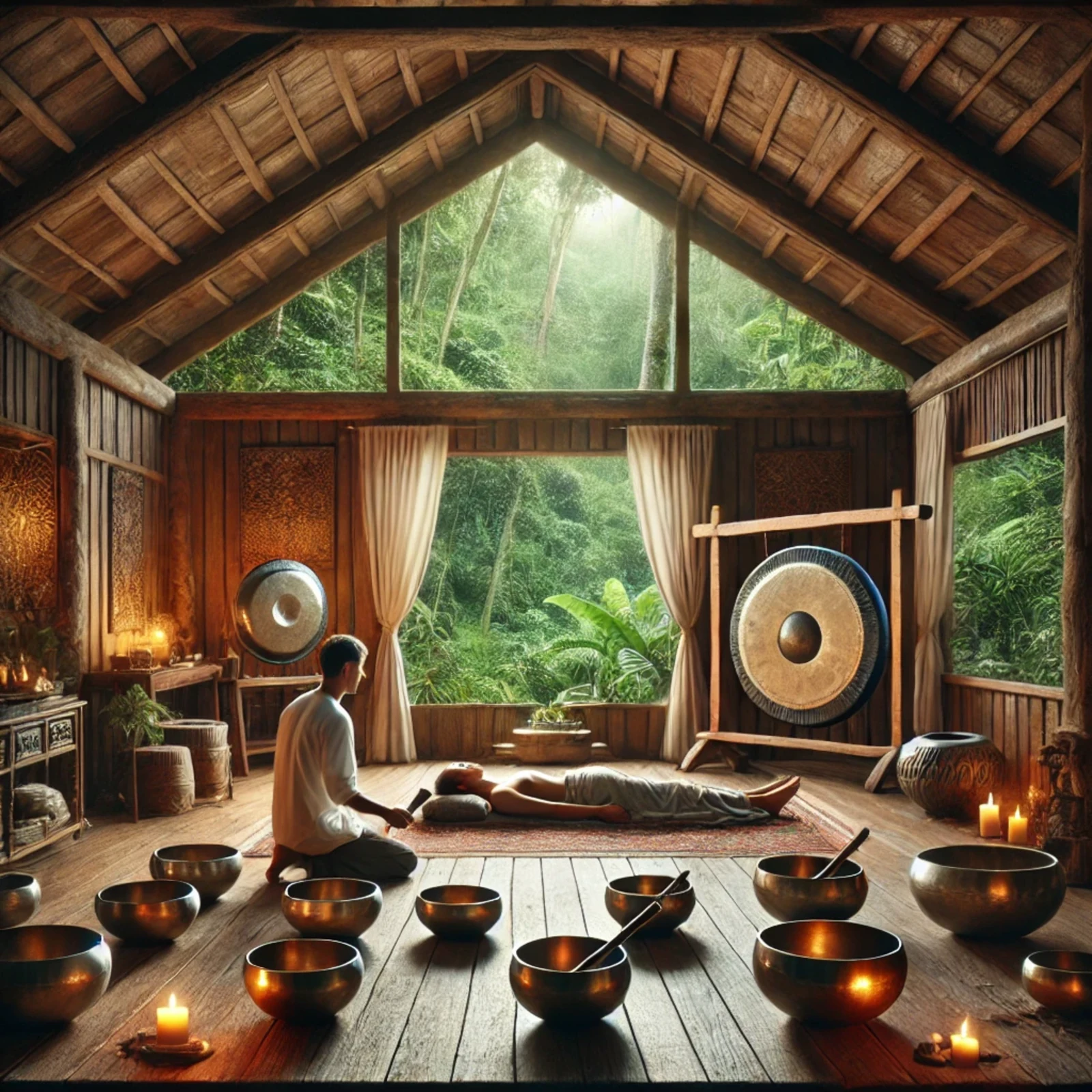A serene jungle shala prepared for a sound healing session with gongs and singing bowls