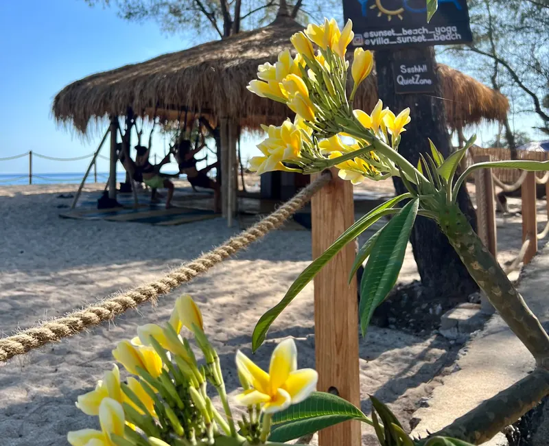 Beach yoga hut and flowers by the ocean