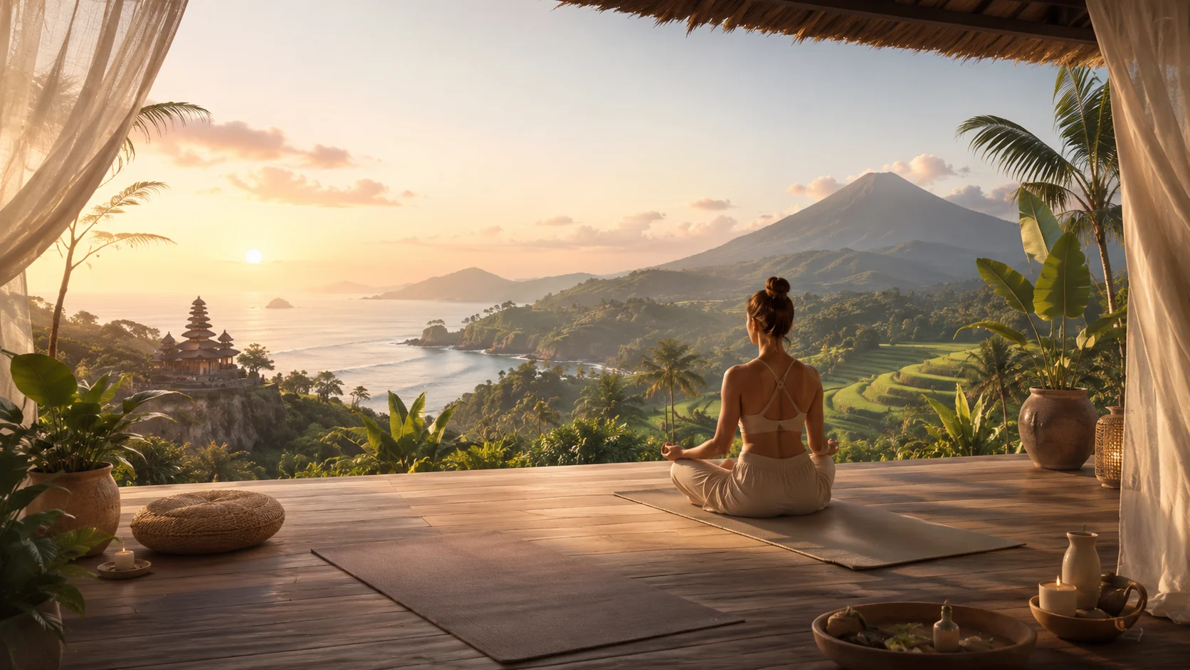 A serene wellness terrace overlooking a tropical coastline in Lombok