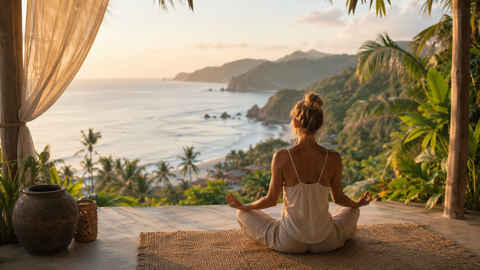 A meditative coastal terrace scene in Lombok
