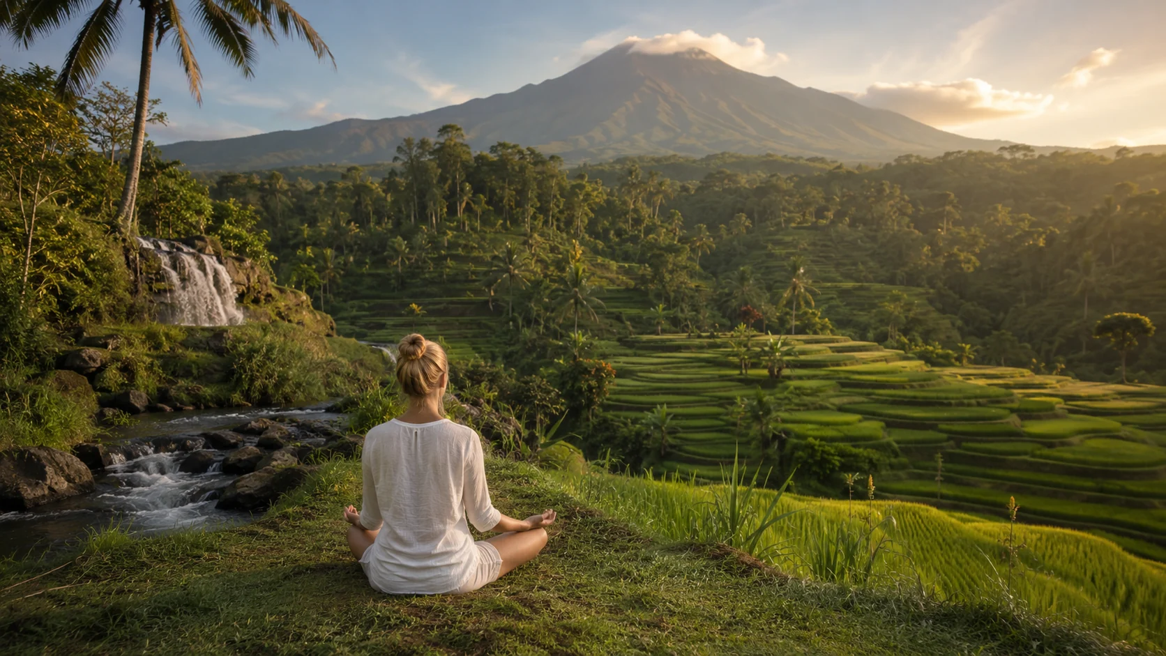 A lush Tetebatu-inspired landscape with green hills and terraces